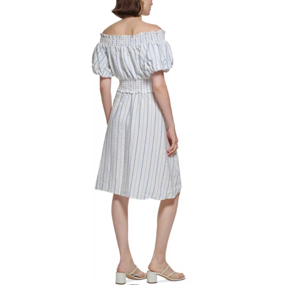 Calvin Klein Women's White Blue Striped Off-The-Shoulder Dress Size 14 - Picture 2 of 8